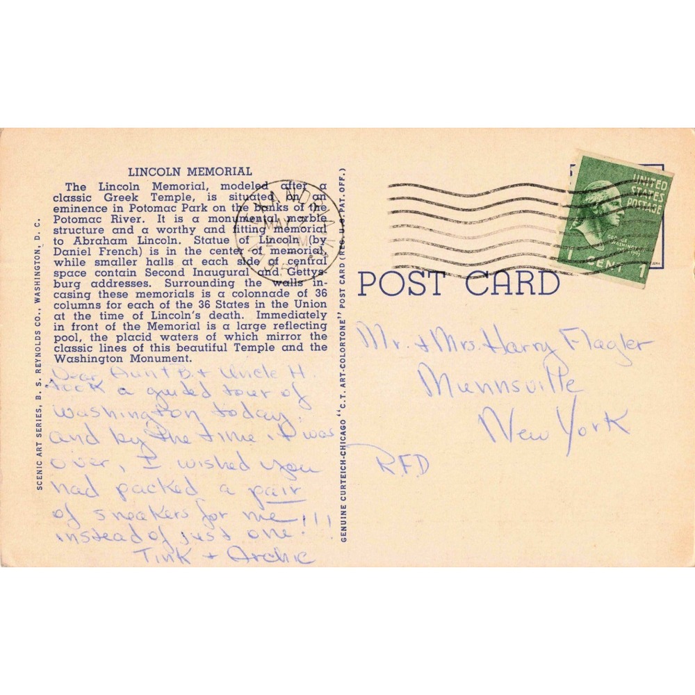 Vintage Lincoln Memorial Washington DC Linen Postcard B.S. Reynolds Co 1939 VG - Picture 2 of 2